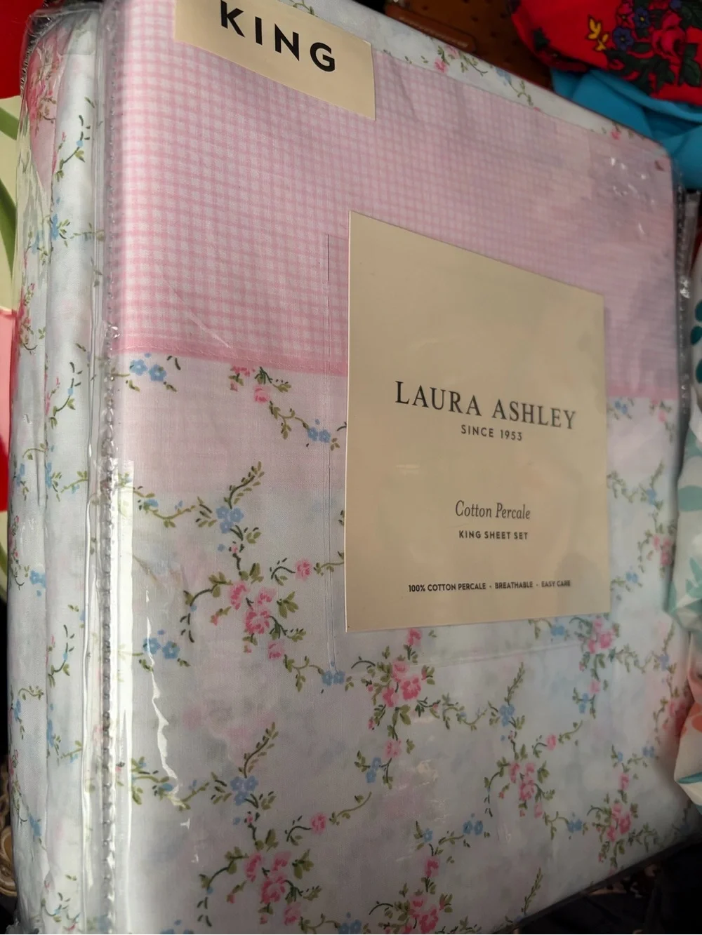 Laura Ashley Pink Gingham and Floral Cotton Percale King Sheets